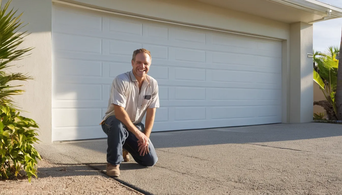 Friendly garage door provider inspecting a residential garage door with a homeowner in the Deltona area